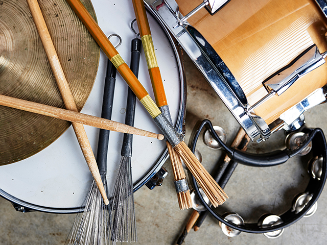 a pile of percussion equipment