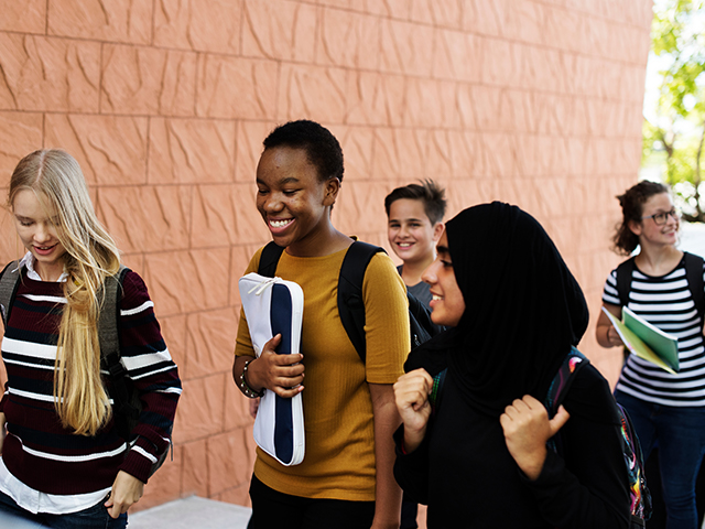 Group of school friends walking up outdoor school staircase