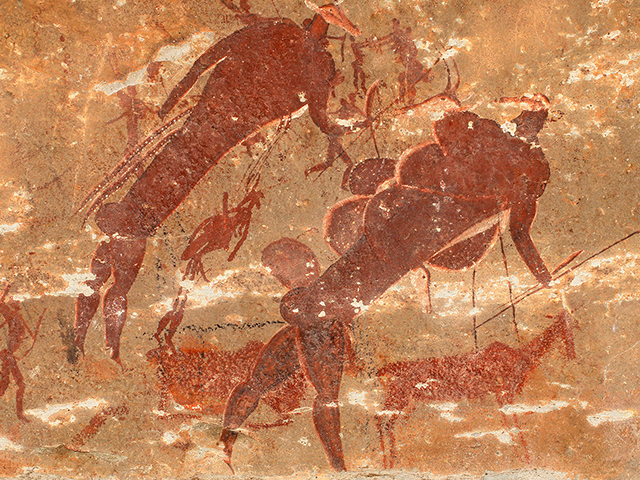 Bushmen (san) rock painting of humans and antelopes - Drakensberg mountains, South Africa