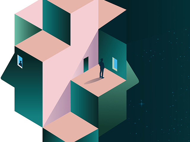 An illustration depicting a man standing on a cube, symbolizing balance and elevation. This image represents a psychology concept related to thoughtful contemplation.